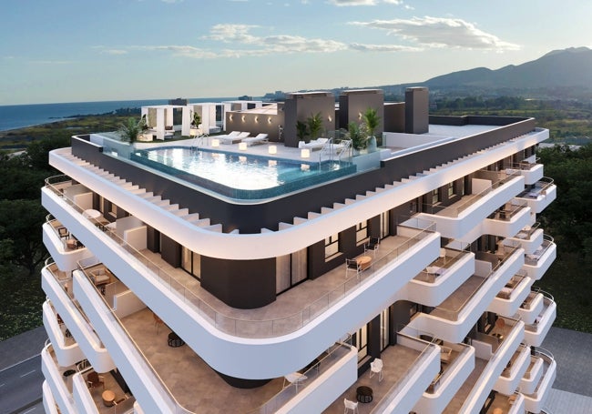 Imagen virtual del proyecto Habitat TorreMare, con una piscina en la cubierta.