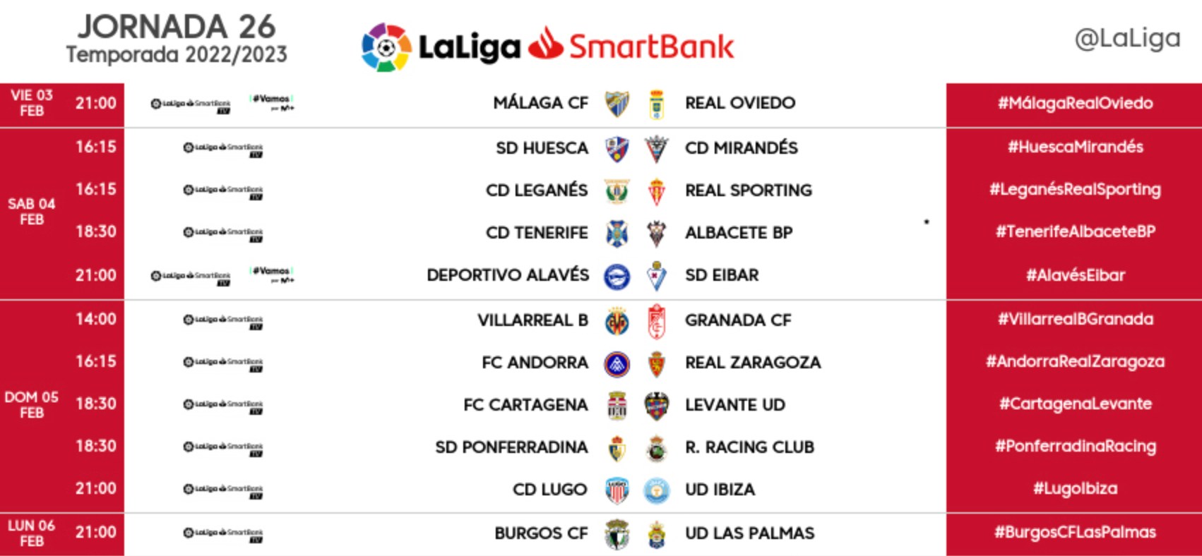 Horarios de la jornada 26ª de Segunda División. 