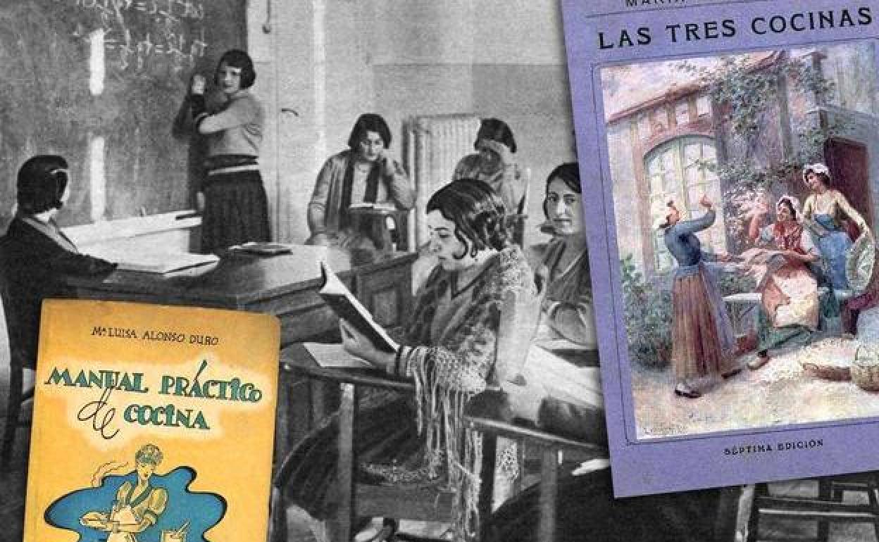 Libros de Alonso-Duro y fotografía de un aula en la Residencia de Señoritas.