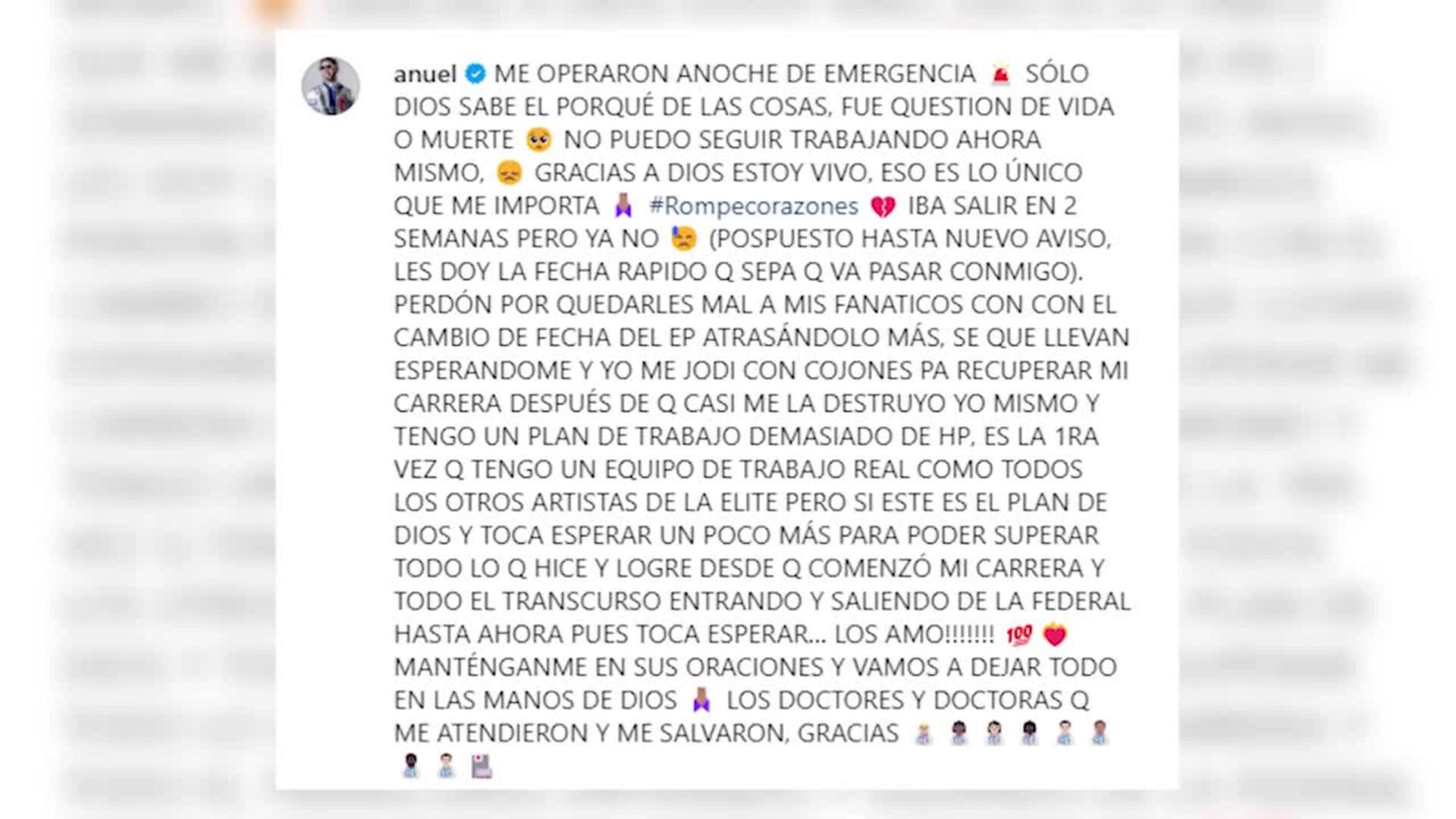 El cantante Anuel AA, exnovio de Karol G, operado a "vida o muerte"