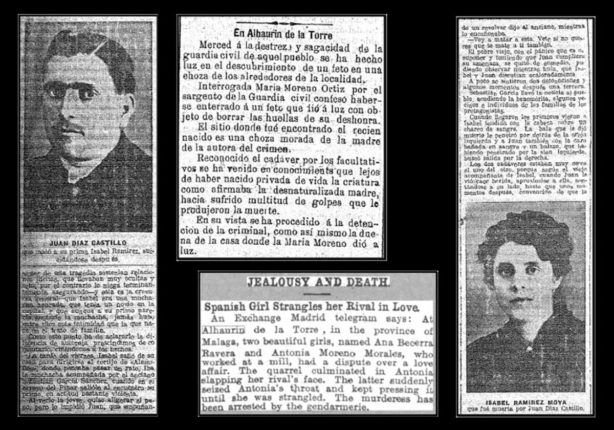 Recortes en The Washington times. el 11 de septiembre de 1909, con la noticia de una joven asesinada por su amiga (arriba a la izquierda); en La Unión Mercantil, a la izquierda, y acerca del asesinado de Isabel Ramírez, en el Popular, reproducidos en «Alhaurín de la Torre en época contemporánea. Historias y documentos».