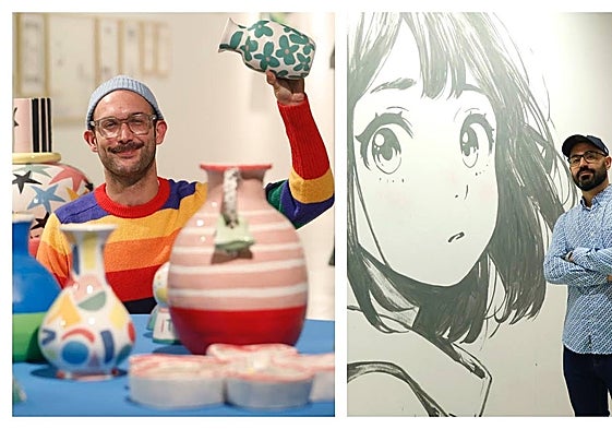 Pablo Little y Viola, junto a sus obras en el CAC.