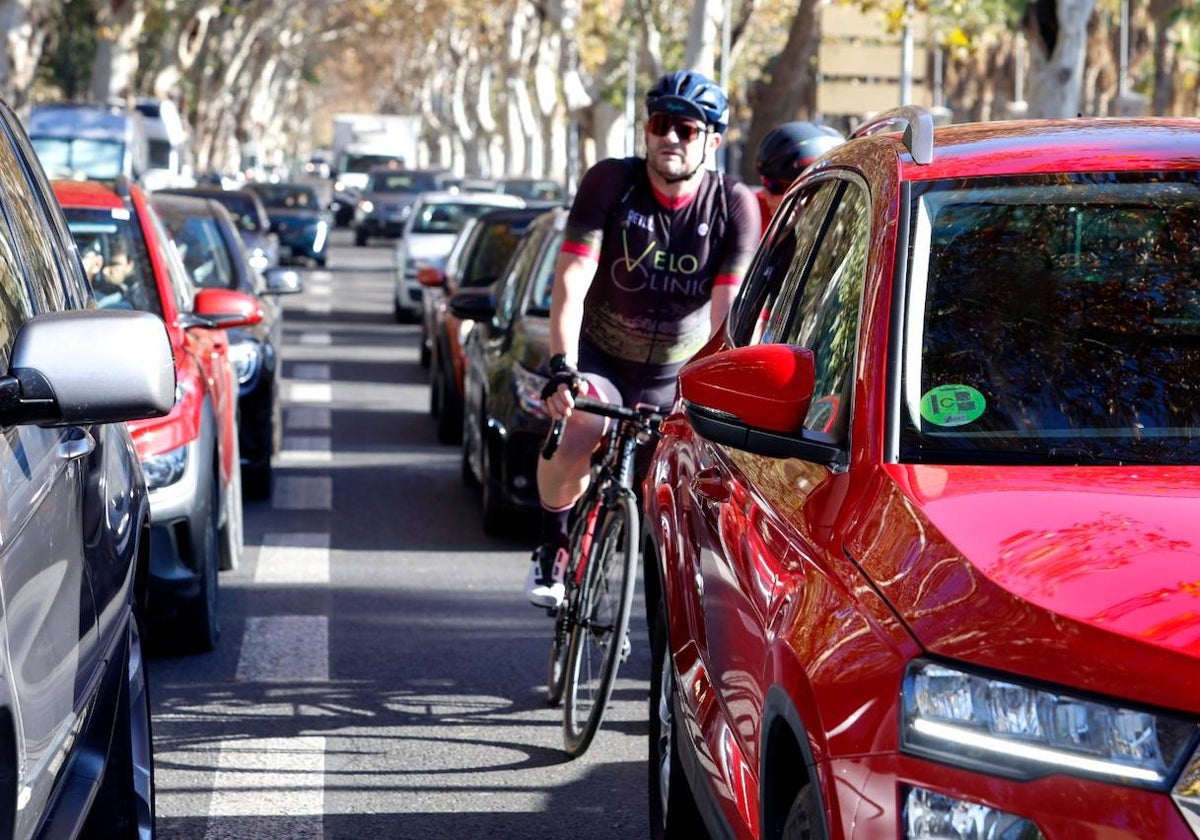 Un coche con etiqueta C circula junto a un ciclista por el paseo de los Curas de Málaga, que formará parte de la ZBE.