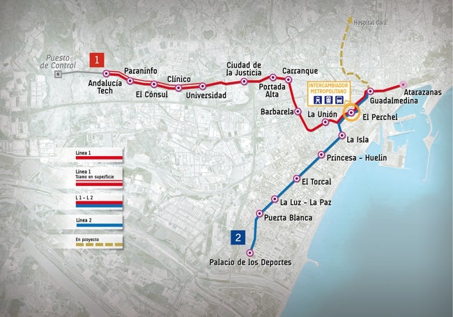 Plano de las líneas de metro de Málaga.