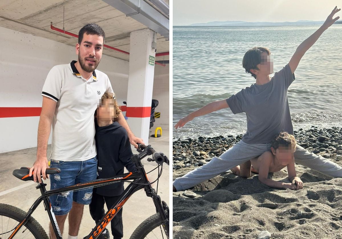 En la imagen de la izquieda, el pequeño Karim junto a Jeison en el momento que le entregaron la bicicleta; a la derecha, los dos hermanos de Marbella jugando en la playa.