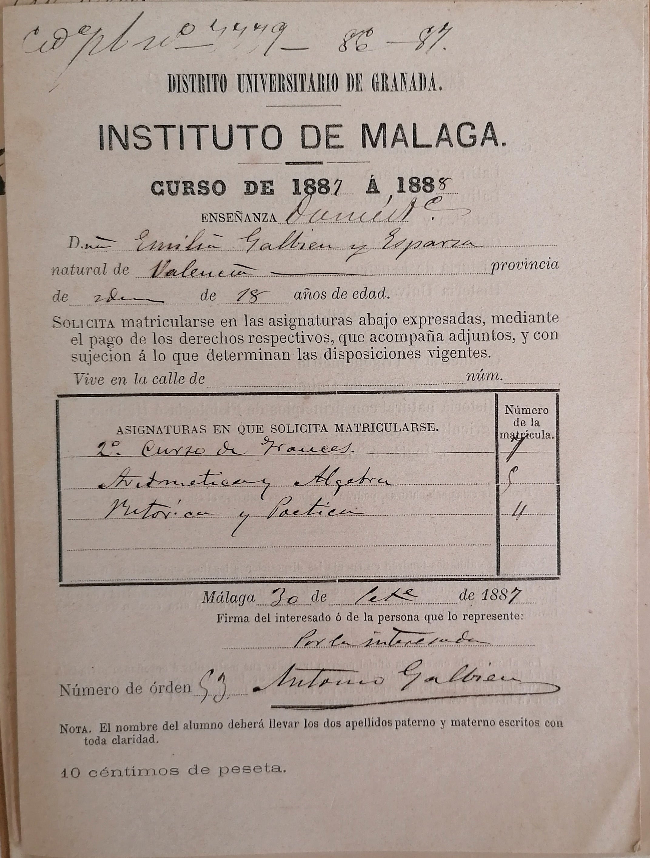 Inscripción de matrícula de Emilia Galbién, 1887.