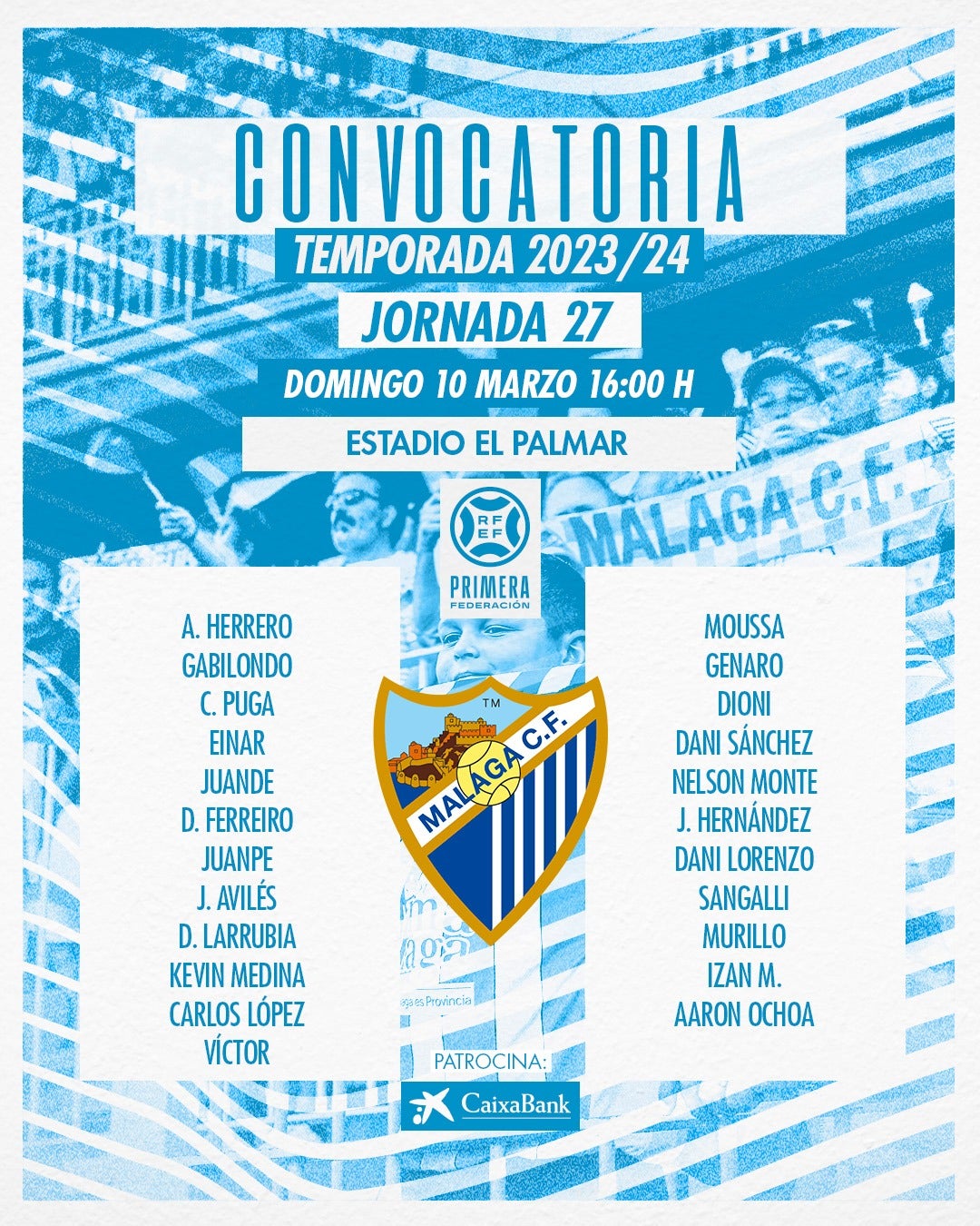 La lista de convocados completa del Málaga para jugar contra el Sanluqueño.