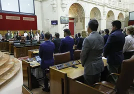 Diputados del PP, de espaldas, frente a los del PSOE durante el minuto de silencio.