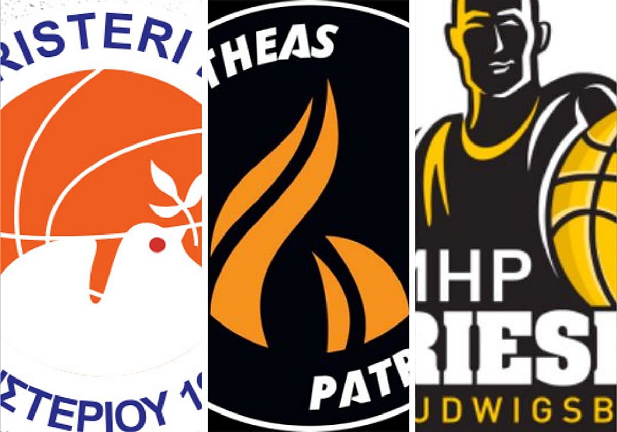 Los escudos del Peristeri, Promitheas y Ludwigsburg; los tres posibles rivales del Unicaja en cuartos de la Champions.