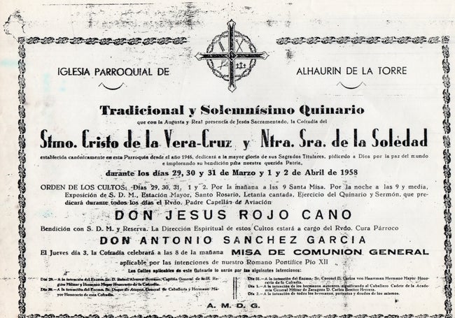 Cartel de un oficio religioso de la cofradía, de 1958, presidido por el capellán de Aviación.