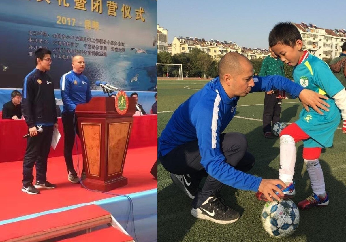 David Campaña durante su etapa como formador de fútbol en China mediante un programa de LaLiga.