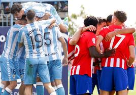 Jugadores del Málaga y el Atlético de Madrid B celebran uno de sus goles esta temporada.