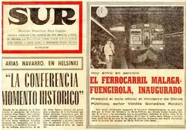 Noticia en la portada de SUR en la que se habla de la inauguración del ferrocarril Málaga-Fuengirola.
