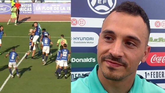 Imagen de la jugada del gol y de Alfonso después del partido comentado la acción.