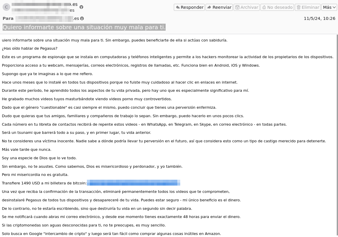 Uno de los mensajes enviados por los ciberdelincuentes.