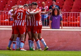 Los jugadores del Almería celebran uno de los goles ante el Malagueño.