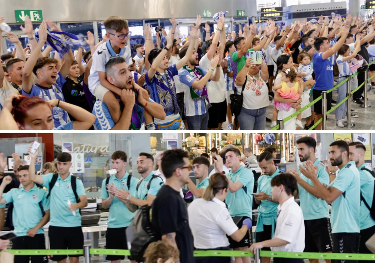 Cientos de aficionados emocionan al Málaga en el aeropuerto antes de viajar a Vigo