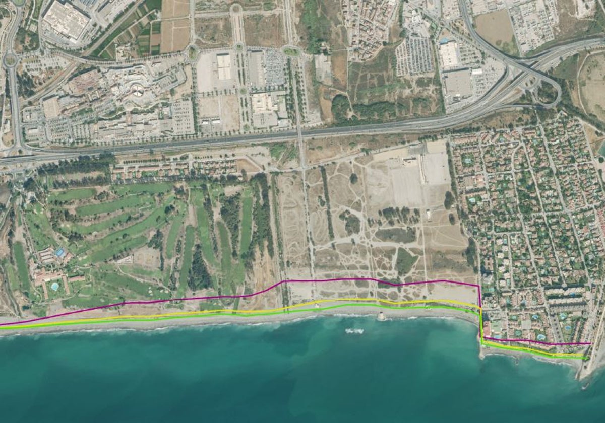 Avance de la línea de agua que prevé Costas en 2030, 2040 y 2070 en Guadalmar.