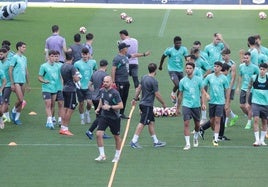 Jugadores y técnico del Málaga del durante un entrenamiento de esta semana en el campo principal del estadio de La Rosaleda.