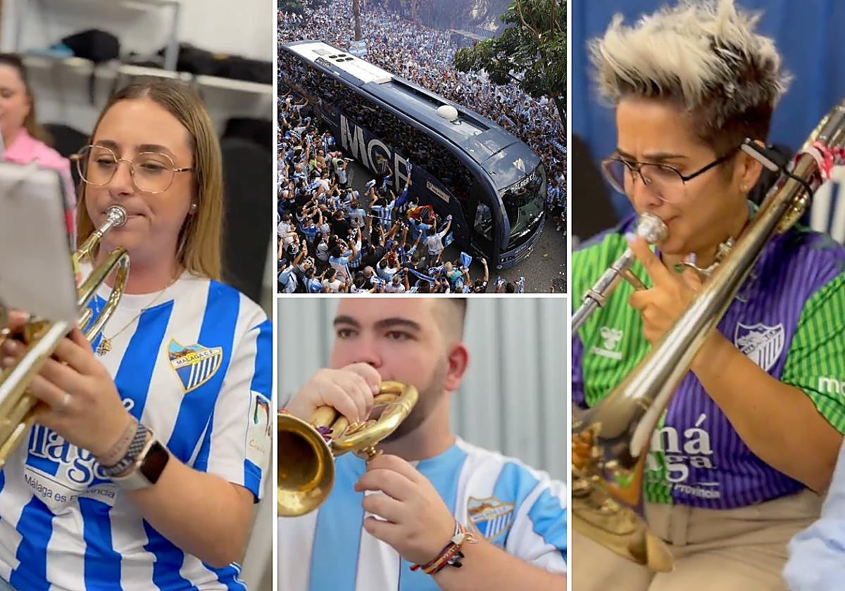 Músicos de la banda de cornetas y tambores del Cautivo tocan sus instrumentos con la camiseta del Málaga.