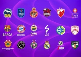 Escudos de 18 equipos participantes en la Euroliga de la temporada 2024-2025.