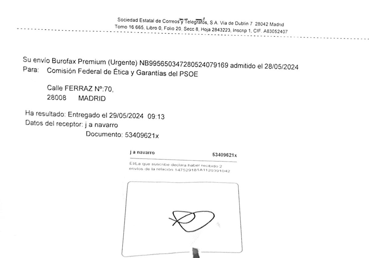 Acuse de recibo del burofax enviado a la dirección federal del PSOE por parte del militante de Torremolinos.