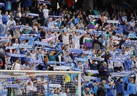 Aficionados del Málaga animan a su equipo en un partido en La Rosaleda.