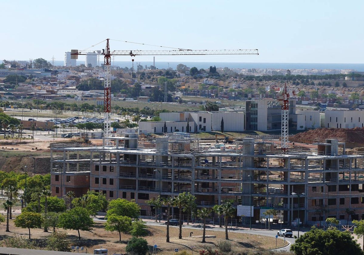 Obras de las 476 VPO en alquiler que construye el Ayuntamiento de Málaga al oeste del campus de Teatinos.