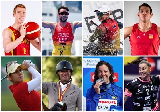 De izquierda a derecha, Alberto Díaz (baloncesto), Alberto González (triatlón), Ana Moncada (vela), Ayoub Ghadfa (boxeo), Azahara Muñoz (golf), José Daniel Martin Dockx (hípica), María de Valdés (Aguas abiertas) y Marta López (balonmano)