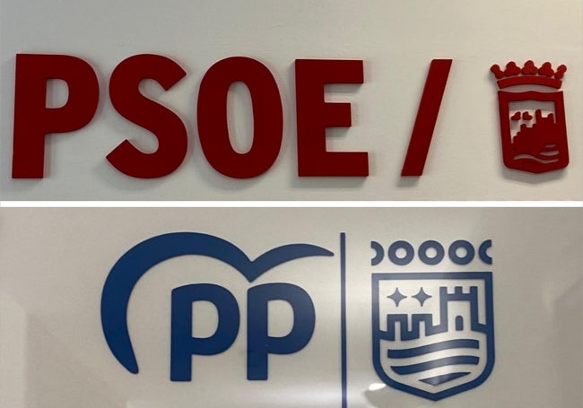 El PSOE indica que el PP antes no tenía una barra para separar sus siglas del escudo de la ciudad, y ahora, aunque sin inclinación como la socialista, la han incluido.