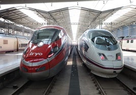 Trenes de alta velocidad de Iryo (izquierda) y de Renfe-AVE (derecha) estacionados en María Zambrano.