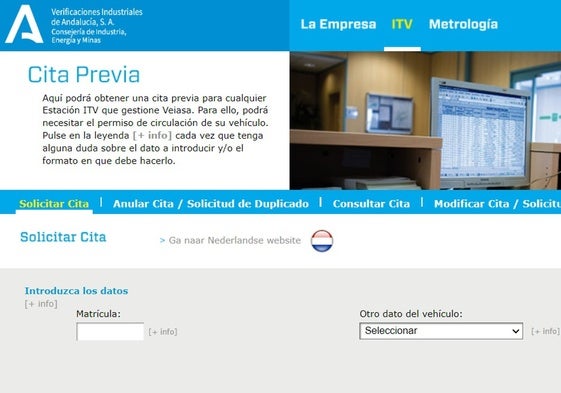 Web de cita previa de Veiasa, donde se puede ver el icono para la IRTV holandesa.