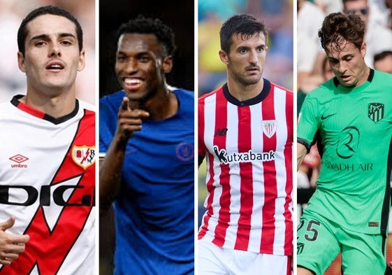 Camello (Rayo Vallecano), Jackson (Chelsea), Vivian (Athletic) y Riquelme (Atlético de Madrid), cuatro exjugadores del Mirandés en su ciclo actual en Segunda División.