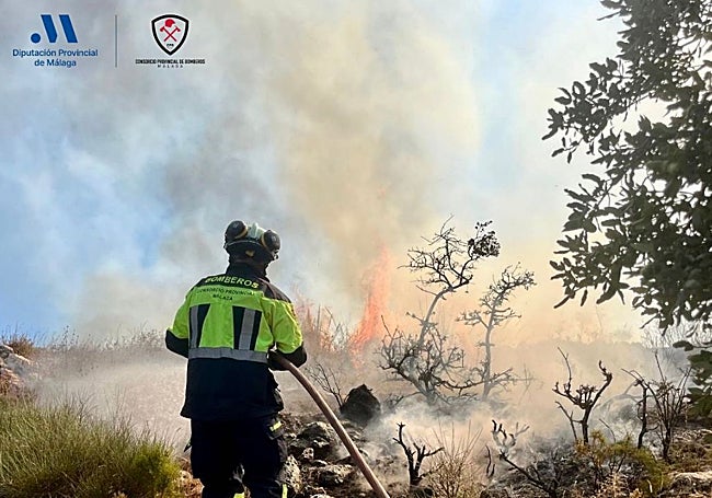 Bomberos del Consorcio Provincial, en las tareas de extinción en Periana, este martes.