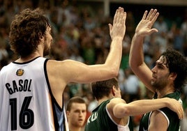 Pau Gasol saluda a Berni Rodríguez tras la victoria del Unicaja ante los Grizzlies.