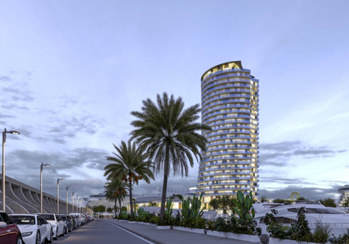 Recreación del proyecto de la Torre del Puerto en el dique de Levante de Málaga.