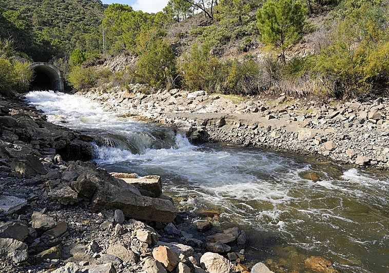 Entrada de agua en el embalse de La Concepción desde el trasvase de Guadaiza, este lunes.