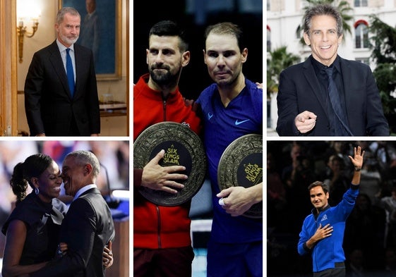 Arriba a la izquierda, El Rey Felipe VI; debajo, el matrimonio Obama; a la derecha, Ben Stiller y Roger Federer y, en el centro, Novak Djokovic y Rafa Nadal.