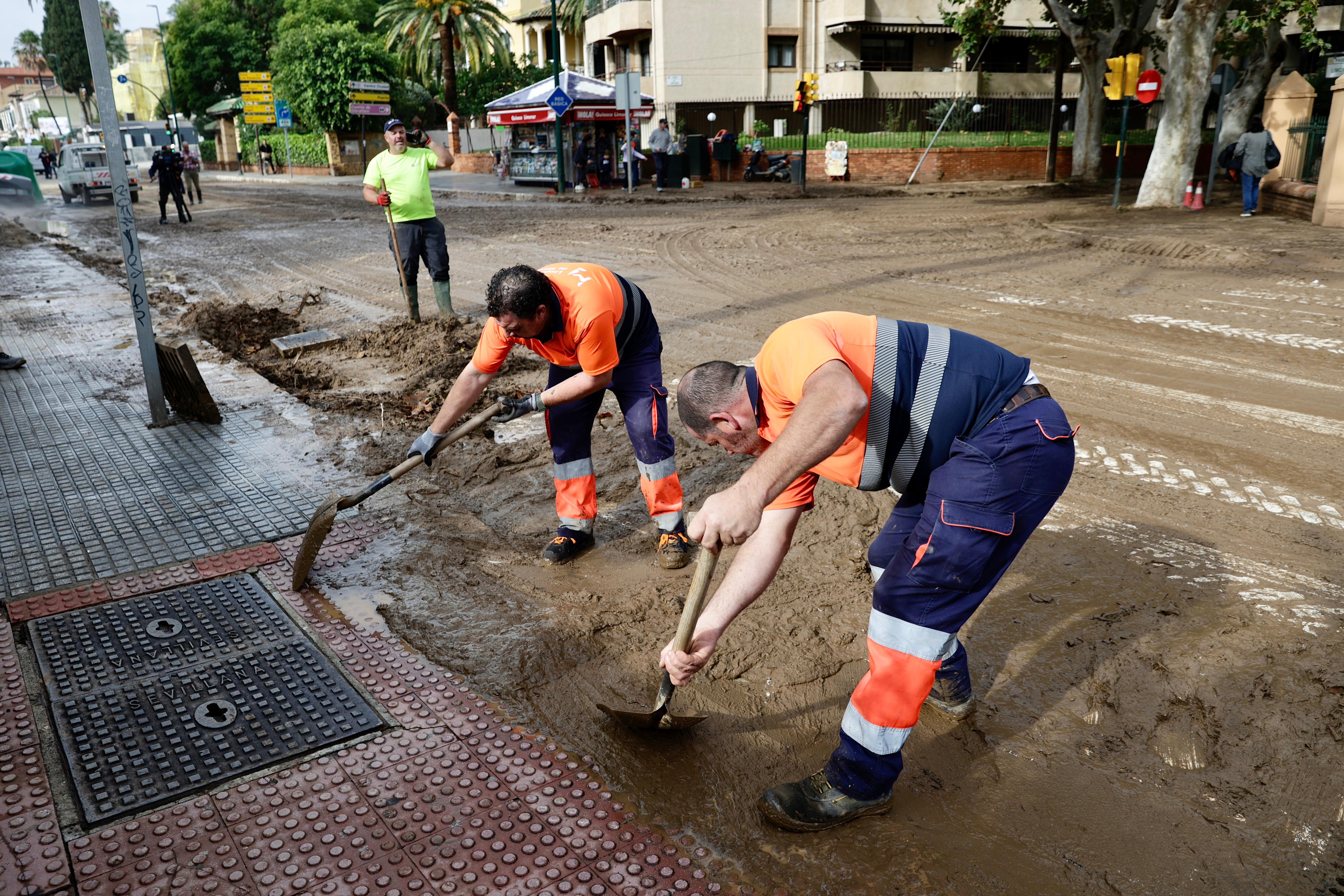 Operarios trabajan en la limpieza del paseo de Sancha y zona de El Limonar, donde quedan aún acumulados de barro y balsas de agua.