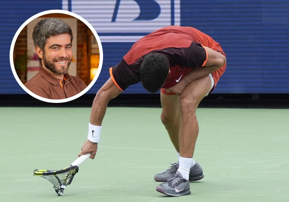 En la imagen principal, Alcaraz destroza su raqueta en el US Open; en la esquina superior derecha, el psicólogo deportivo entrevistado por SUR, Mario Paños.