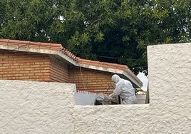 Un operario trabaja en la retirada de amianto en el colegio La Paz.