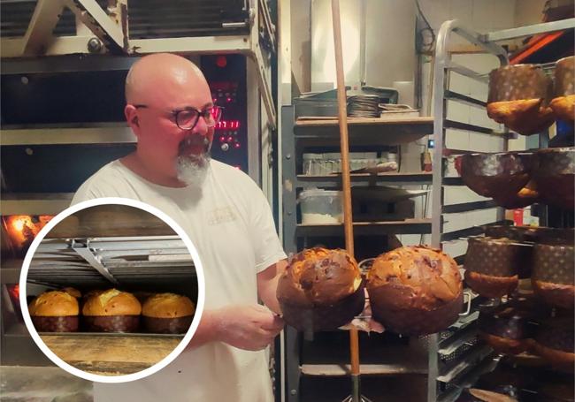 Diego Martín con panetones recién hechos. Detalle, en el En Horno de Leña Martín miman la elaboración artesanal de este dulce típicamente italiano.