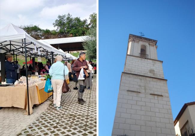 A la izquierda, el Mercado Agroalimentario, en Coín, celebra una edición quesera el domingo. A la derecha, la Torre de los Trinitarios es uno de los emblemas del patrimonio histórico de Coín.