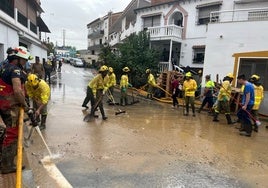 Operarios del Consorcio de Bomberos y del Infoca, el pasado 14 de noviembre en Benamargosa.