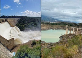 A la izquierda, el pantano de El Gergal, en Sevilla, desembalsa tras alcanzar el 100% de su capacidad; a la derecha el embalse de La Viñuela, en Málaga, en diciembre de 2024