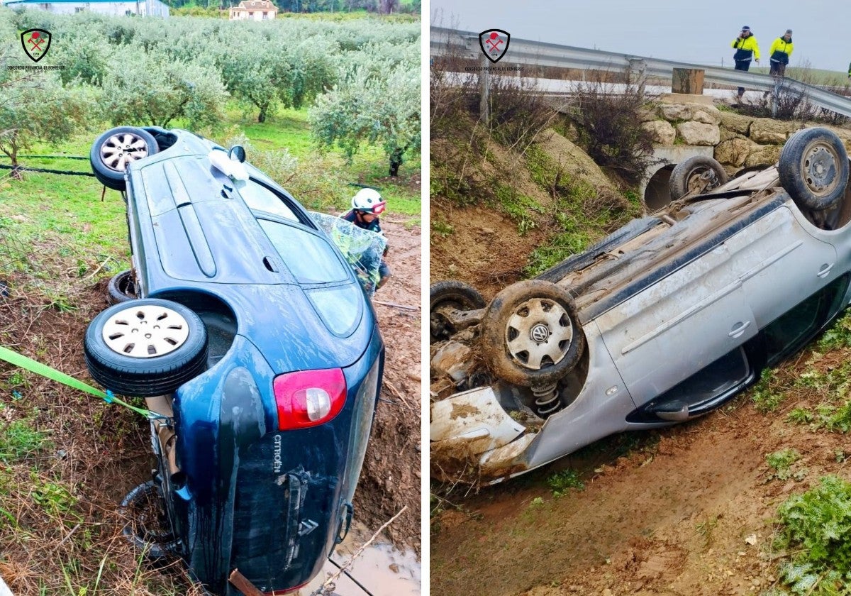 Dos conductores atrapados al volcar sus coches en Álora y Campillos