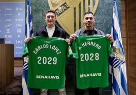 Carlos López y Alfonso Herrero, este jueves con camisetas conmemorativas de su renovación hasta 2029 y 2028, respectivamente.