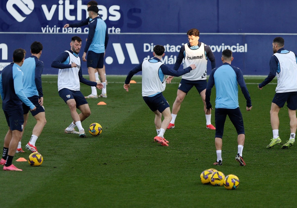 Jugadores del Málaga trabajan en La Rosaleda en el último entrenamiento antes de recibir al Levante.