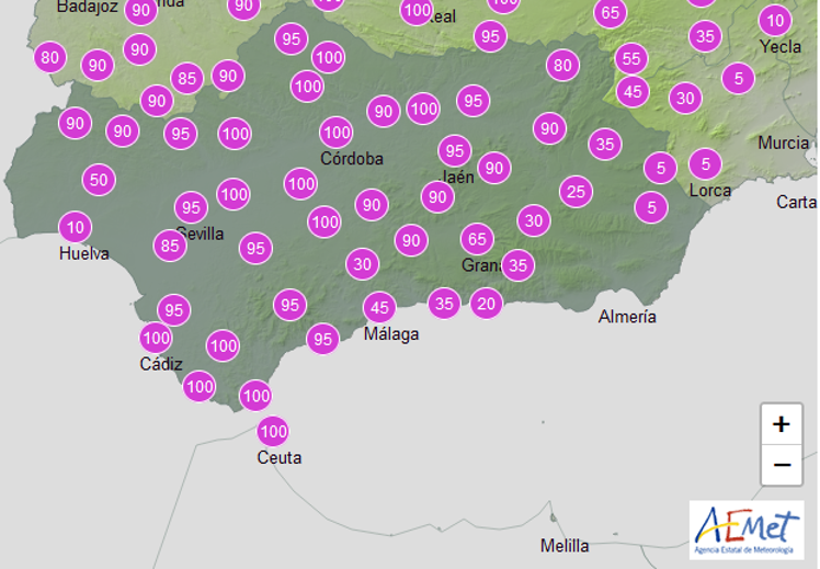 Previsión de lluvias en Andalucía de Aemet para mañana martes a partir de las 18.00 horas.