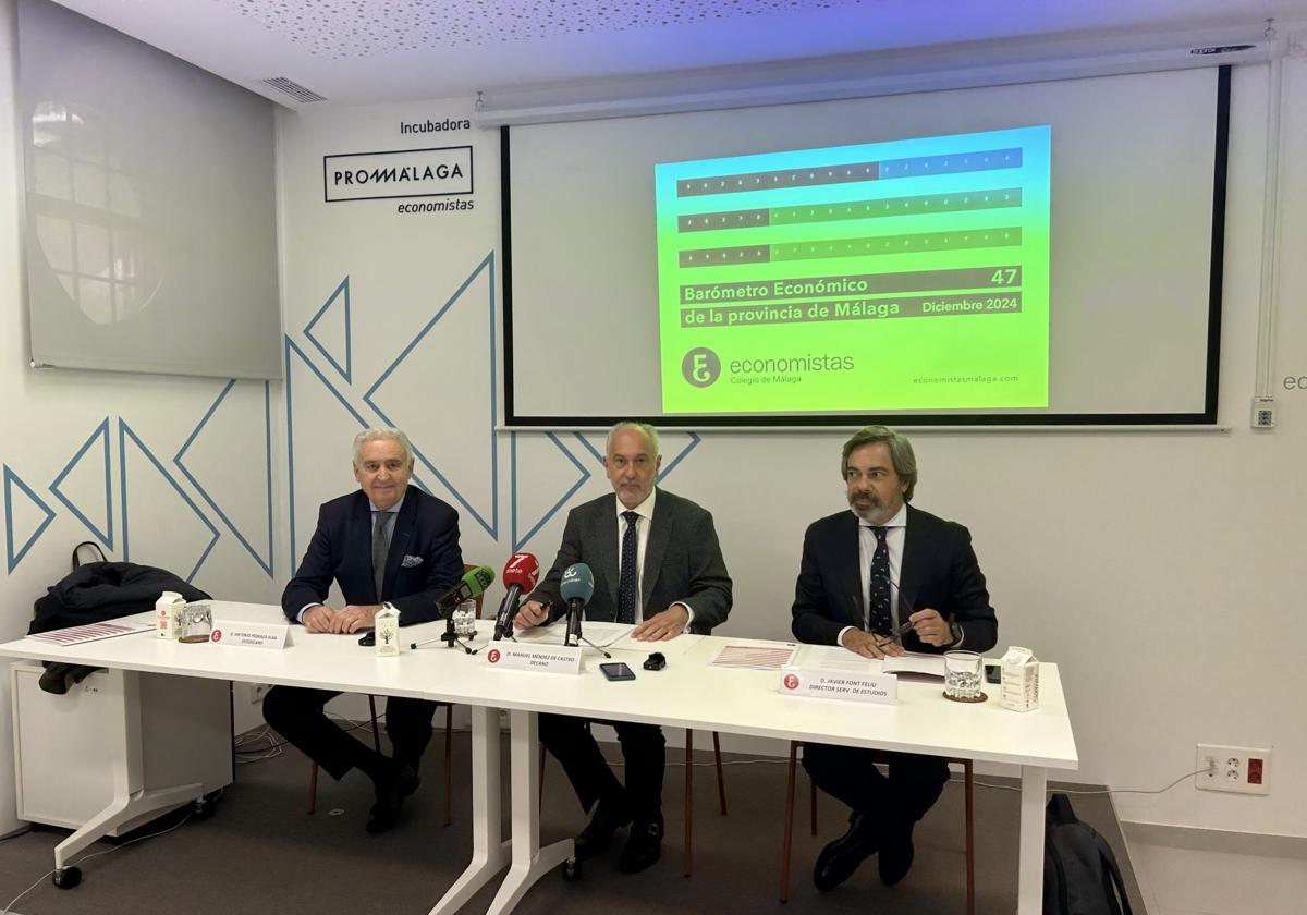 Manuel Méndez de Castro, decano del Colegio de Economistas de Málaga, entre Antonio Pedraza, vicedecano, y Javier Font, director del servicio de estudios.